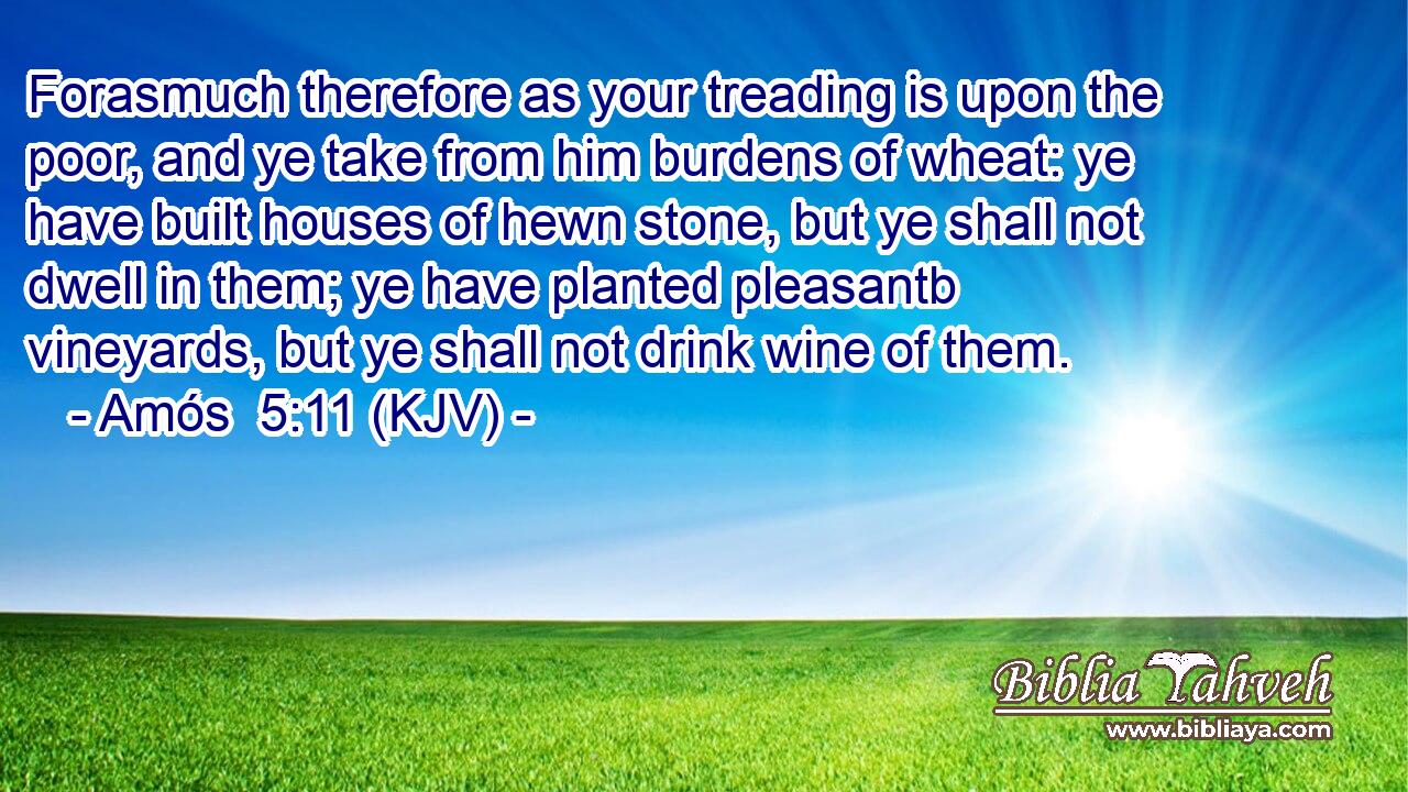 Forasmuch therefore as your treading is upon the poor, and ye take from him burdens of wheat: ye have built houses of hewn stone, but ye shall not dwell in them; ye have planted pleasantb vineyards, but ye shall not drink wine of them.