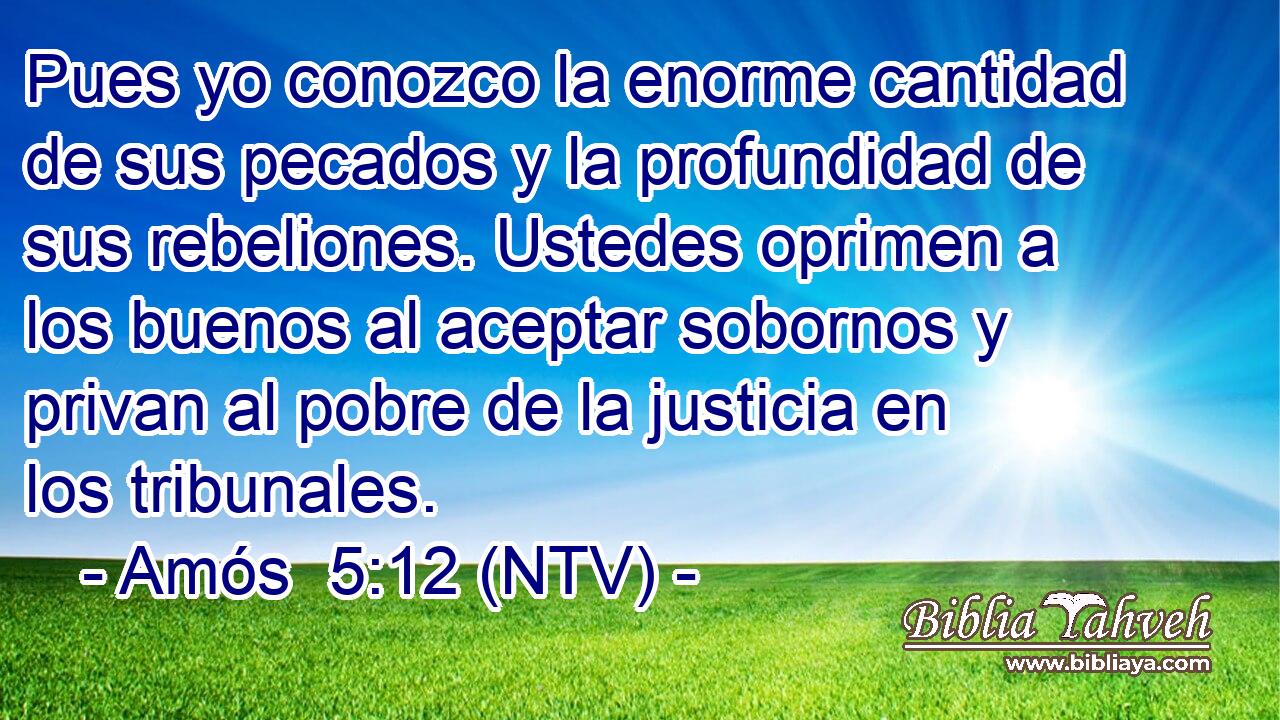 Pues yo conozco la enorme cantidad de sus pecados y la profundidad de sus rebeliones. Ustedes oprimen a los buenos al aceptar sobornos y privan al pobre de la justicia en los tribunales.