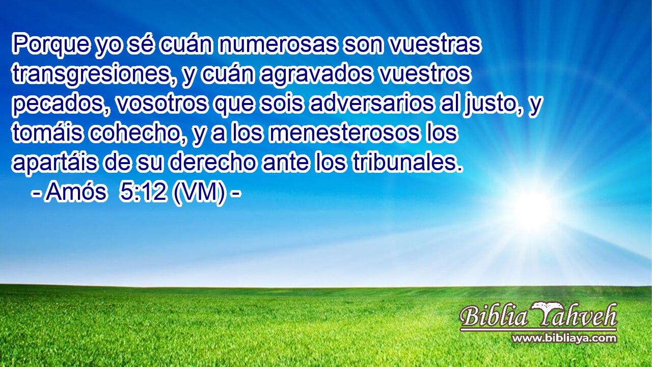  Porque yo sé cuán numerosas son vuestras transgresiones, y cuán agravados vuestros pecados, vosotros que sois adversarios al justo, y tomáis cohecho, y a los menesterosos los apartáis de su derecho ante los tribunales. 