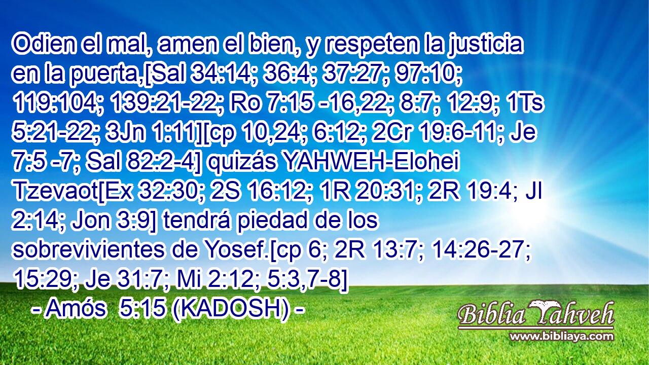  Odien el mal, amen el bien, y respeten la justicia en la puerta,[Sal 34:14; 36:4; 37:27; 97:10; 119:104; 139:21-22; Ro 7:15 -16,22; 8:7; 12:9; 1Ts 5:21-22; 3Jn 1:11][cp 10,24; 6:12; 2Cr 19:6-11; Je 7:5 -7; Sal 82:2-4] quizás YAHWEH-Elohei Tzevaot[Ex 32:30; 2S 16:12; 1R 20:31; 2R 19:4; Jl 2:14; Jon 3:9] tendrá piedad de los sobrevivientes de Yosef.[cp 6; 2R 13:7; 14:26-27; 15:29; Je 31:7; Mi 2:12; 5:3,7-8] 