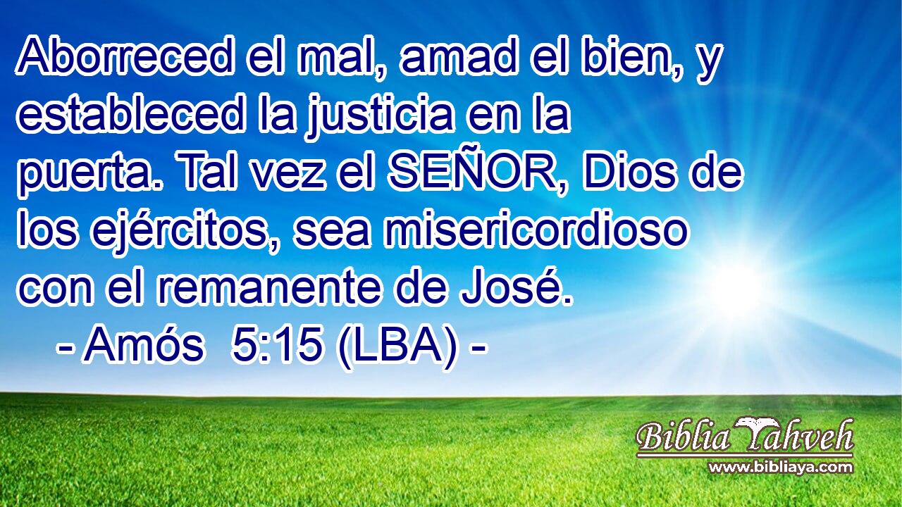 Aborreced el mal, amad el bien, y estableced la justicia en la puerta. Tal vez el SEÑOR, Dios de los ejércitos, sea misericordioso con el remanente de José.