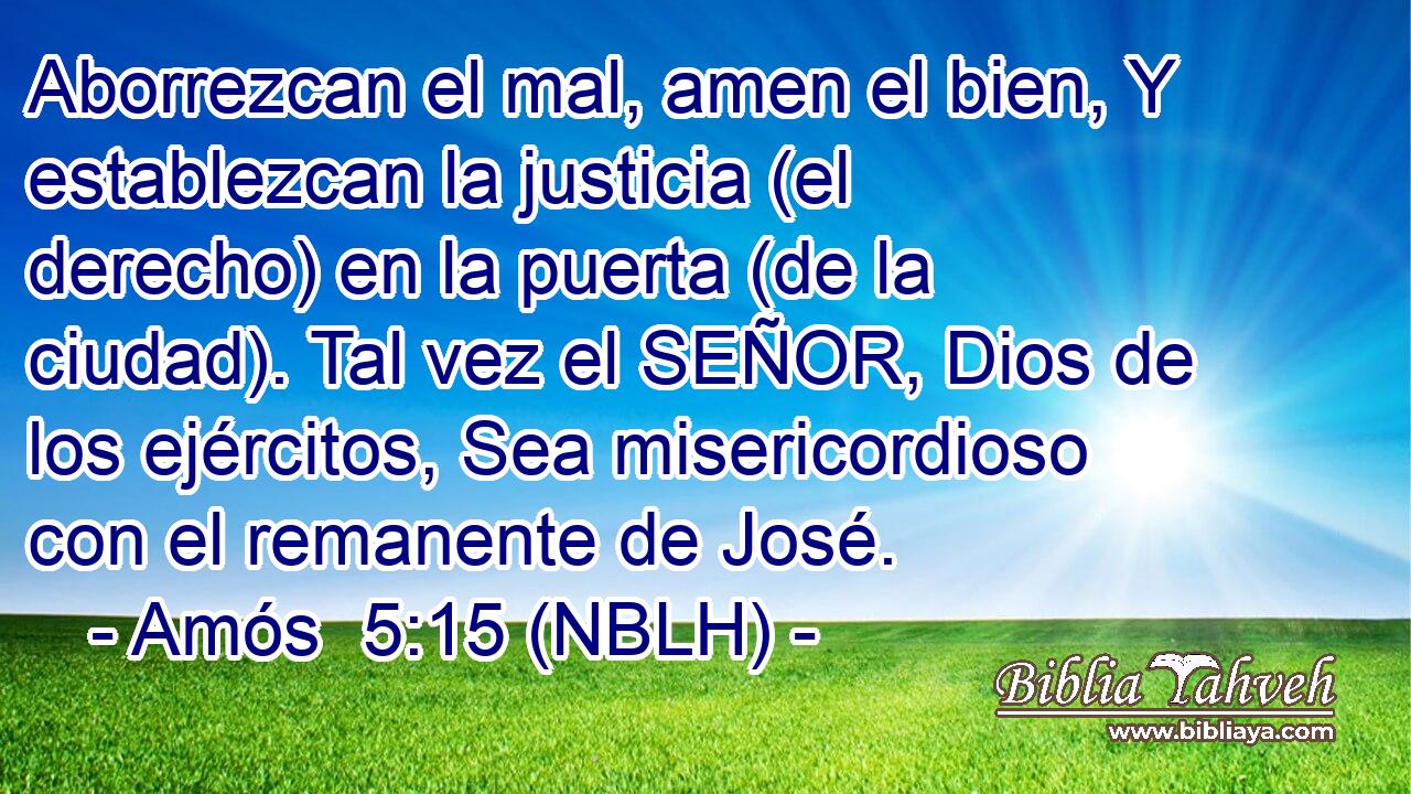  Aborrezcan el mal, amen el bien, Y establezcan la justicia (el derecho) en la puerta (de la ciudad). Tal vez el SEÑOR, Dios de los ejércitos, Sea misericordioso con el remanente de José. 
