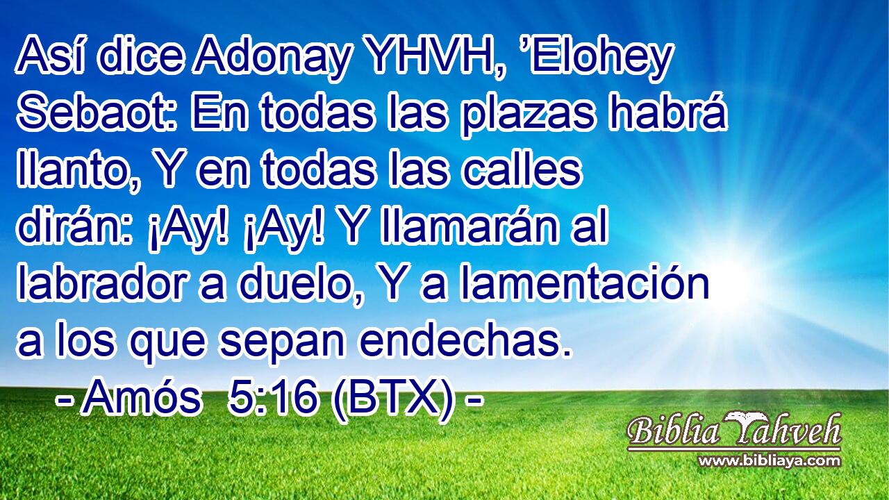 Así dice Adonay YHVH, ’Elohey Sebaot: En todas las plazas habrá llanto, Y en todas las calles dirán: ¡Ay! ¡Ay! Y llamarán al labrador a duelo, Y a lamentación a los que sepan endechas.