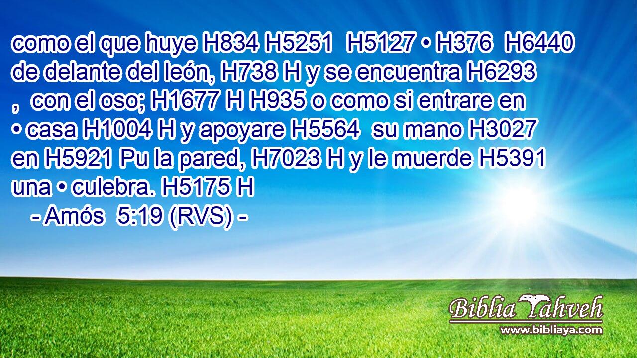 como el que huye H834 H5251  H5127 • H376  H6440 de delante del león, H738 H y se encuentra H6293 ,  con el oso; H1677 H H935 o como si entrare en • casa H1004 H y apoyare H5564  su mano H3027  en H5921 Pu la pared, H7023 H y le muerde H5391  una • culebra. H5175 H 