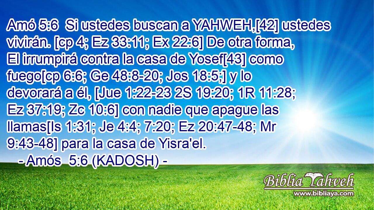  Si ustedes buscan a YAHWEH,[42] ustedes vivirán. [cp 4; Ez 33:11; Ex 22:6] De otra forma, El irrumpirá contra la casa de Yosef[43] como fuego[cp 6:6; Ge 48:8-20; Jos 18:5;] y lo devorará a él, [Jue 1:22-23 2S 19:20; 1R 11:28; Ez 37:19; Zc 10:6] con nadie que apague las llamas[Is 1:31; Je 4:4; 7:20; Ez 20:47-48; Mr 9:43-48] para la casa de Yisra'el. 