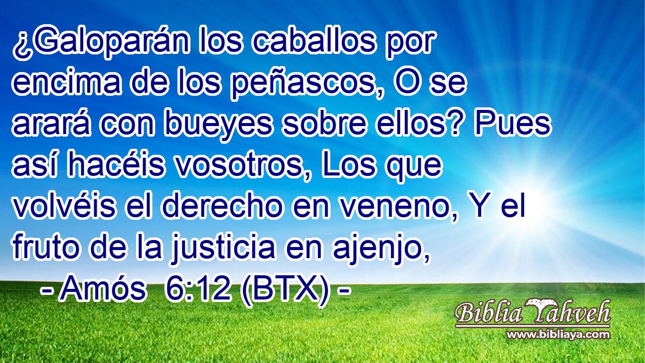 ¿Galoparán los caballos por encima de los peñascos, O se arará con bueyes sobre ellos? Pues así hacéis vosotros, Los que volvéis el derecho en veneno, Y el fruto de la justicia en ajenjo,