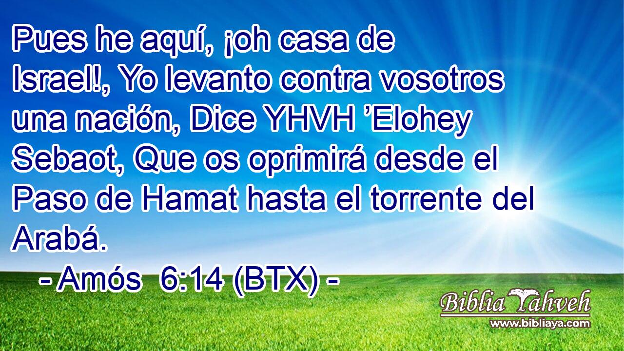 Pues he aquí, ¡oh casa de Israel!, Yo levanto contra vosotros una nación, Dice YHVH ’Elohey Sebaot, Que os oprimirá desde el Paso de Hamat hasta el torrente del Arabá.