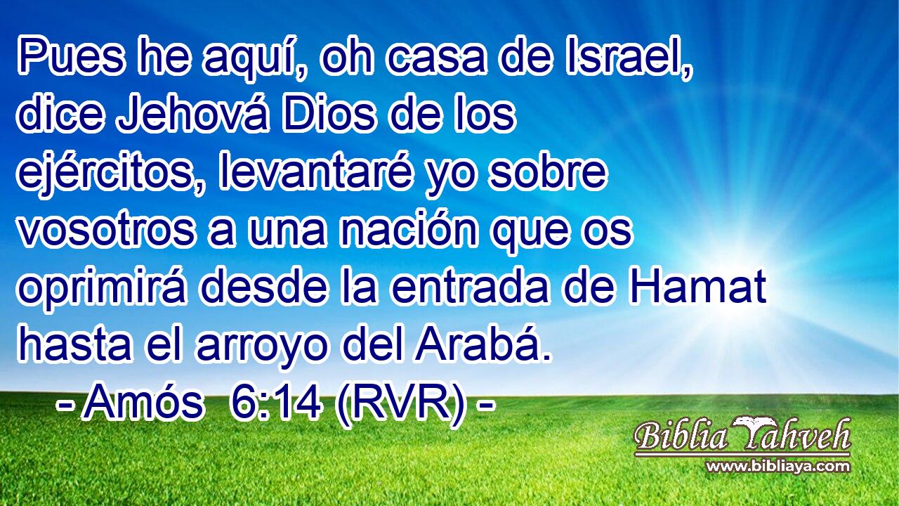 Pues he aquí, oh casa de Israel, dice Jehová Dios de los ejércitos, levantaré yo sobre vosotros a una nación que os oprimirá desde la entrada de Hamat hasta el arroyo del Arabá.