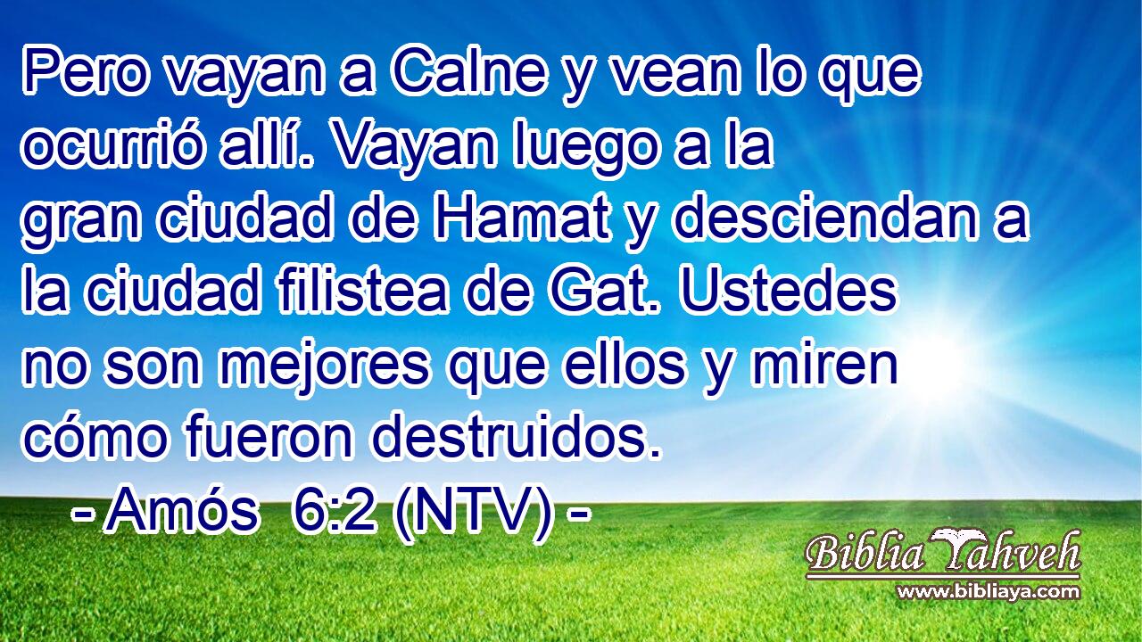 Pero vayan a Calne y vean lo que ocurrió allí. Vayan luego a la gran ciudad de Hamat y desciendan a la ciudad filistea de Gat. Ustedes no son mejores que ellos y miren cómo fueron destruidos.