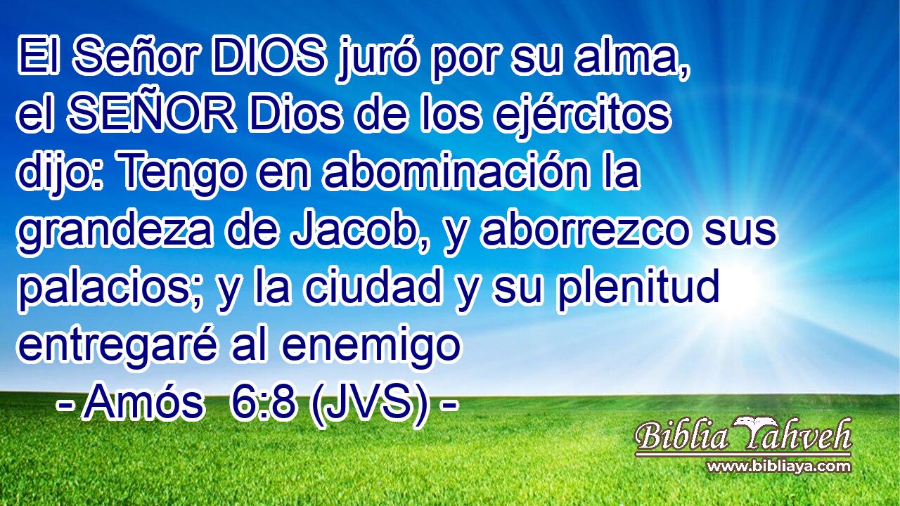 El Señor DIOS juró por su alma, el SEÑOR Dios de los ejércitos dijo: Tengo en abominación la grandeza de Jacob, y aborrezco sus palacios; y la ciudad y su plenitud entregaré al enemigo
