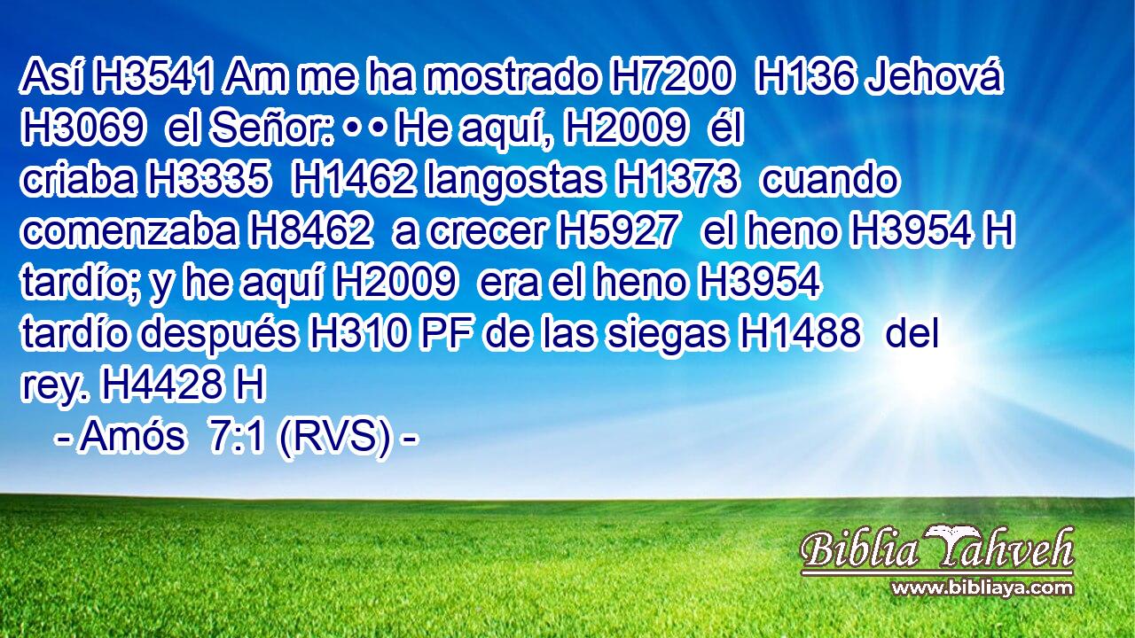 Así H3541 Am me ha mostrado H7200  H136 Jehová H3069  el Señor: • • He aquí, H2009  él criaba H3335  H1462 langostas H1373  cuando comenzaba H8462  a crecer H5927  el heno H3954 H tardío; y he aquí H2009  era el heno H3954  tardío después H310 PF de las siegas H1488  del rey. H4428 H 