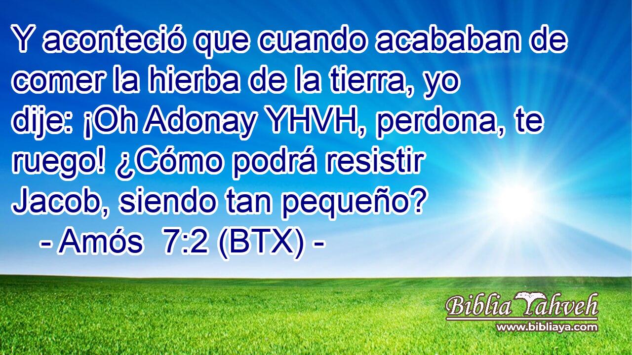 Y aconteció que cuando acababan de comer la hierba de la tierra, yo dije: ¡Oh Adonay YHVH, perdona, te ruego! ¿Cómo podrá resistir Jacob, siendo tan pequeño?