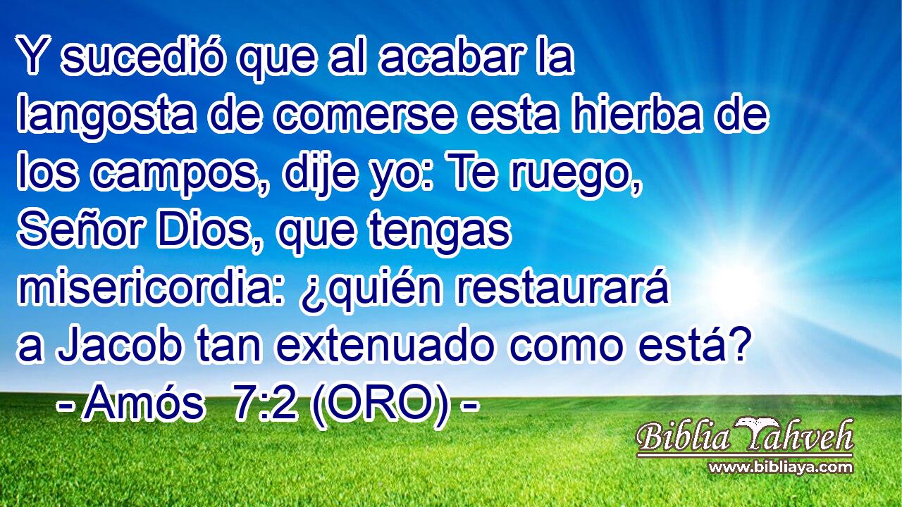  Y sucedió que al acabar la langosta de comerse esta hierba de los campos, dije yo: Te ruego, Señor Dios, que tengas misericordia: ¿quién restaurará a Jacob tan extenuado como está? 