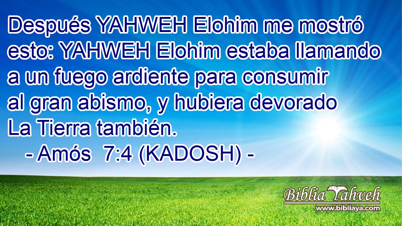  Después YAHWEH Elohim me mostró esto: YAHWEH Elohim estaba llamando a un fuego ardiente para consumir al gran abismo, y hubiera devorado La Tierra también. 