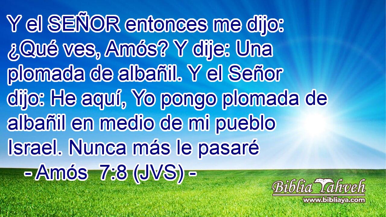 Y el SEÑOR entonces me dijo: ¿Qué ves, Amós? Y dije: Una plomada de albañil. Y el Señor dijo: He aquí, Yo pongo plomada de albañil en medio de mi pueblo Israel. Nunca más le pasaré