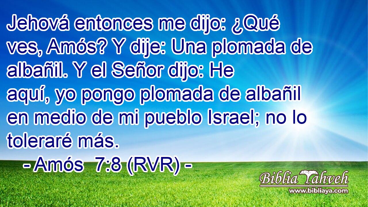 Jehová entonces me dijo: ¿Qué ves, Amós? Y dije: Una plomada de albañil. Y el Señor dijo: He aquí, yo pongo plomada de albañil en medio de mi pueblo Israel; no lo toleraré más.