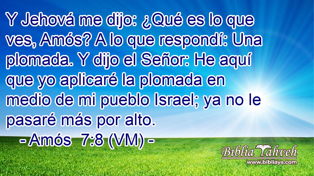  Y Jehová me dijo: ¿Qué es lo que ves, Amós? A lo que respondí: Una plomada. Y dijo el Señor: He aquí que yo aplicaré la plomada en medio de mi pueblo Israel; ya no le pasaré más por alto. 