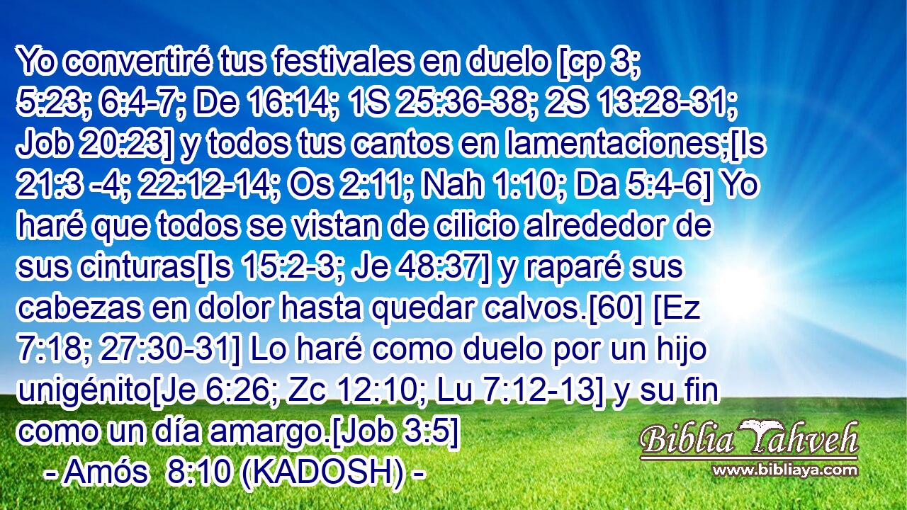  Yo convertiré tus festivales en duelo [cp 3; 5:23; 6:4-7; De 16:14; 1S 25:36-38; 2S 13:28-31; Job 20:23] y todos tus cantos en lamentaciones;[Is 21:3 -4; 22:12-14; Os 2:11; Nah 1:10; Da 5:4-6] Yo haré que todos se vistan de cilicio alrededor de sus cinturas[Is 15:2-3; Je 48:37] y raparé sus cabezas en dolor hasta quedar calvos.[60] [Ez 7:18; 27:30-31] Lo haré como duelo por un hijo unigénito[Je 6:26; Zc 12:10; Lu 7:12-13] y su fin como un día amargo.[Job 3:5] 