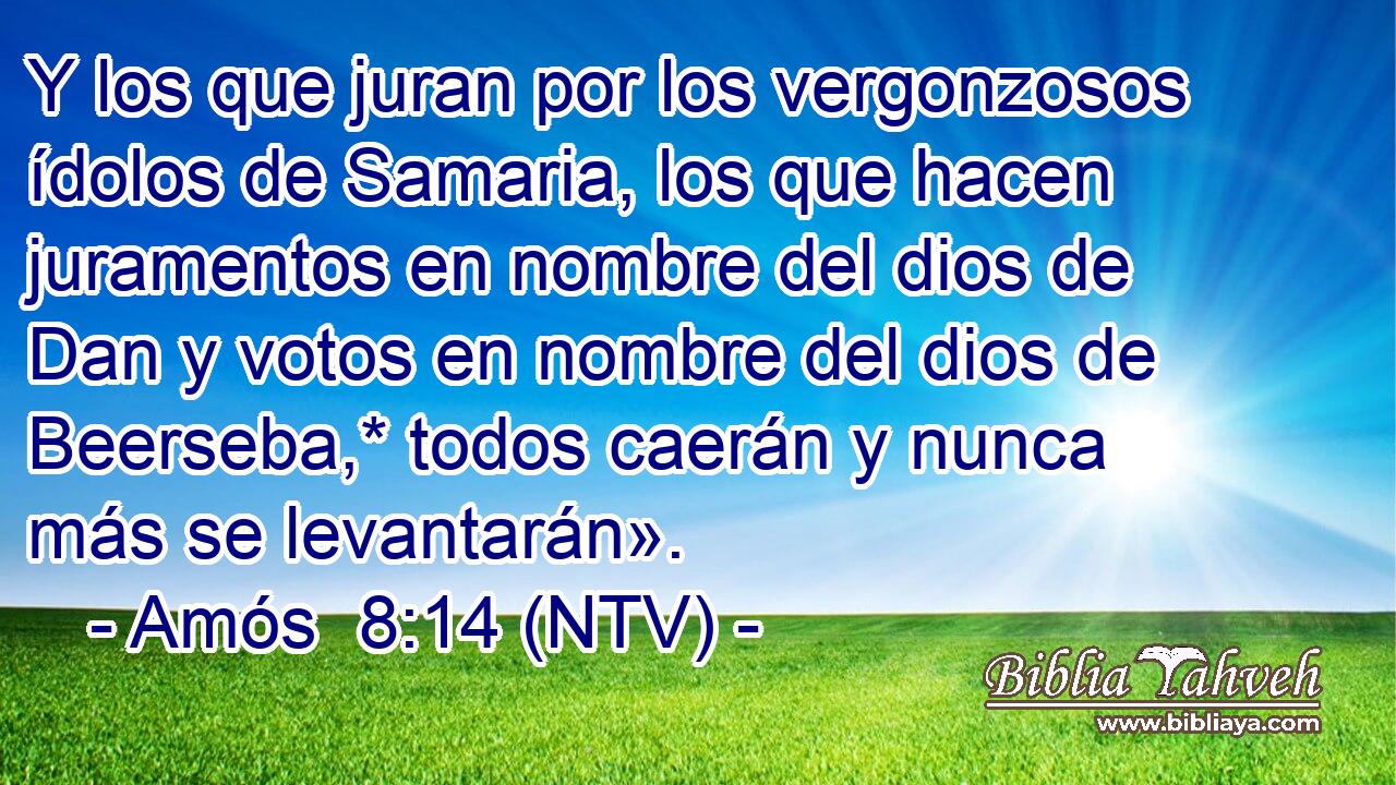 Y los que juran por los vergonzosos ídolos de Samaria, los que hacen juramentos en nombre del dios de Dan y votos en nombre del dios de Beerseba,* todos caerán y nunca más se levantarán».