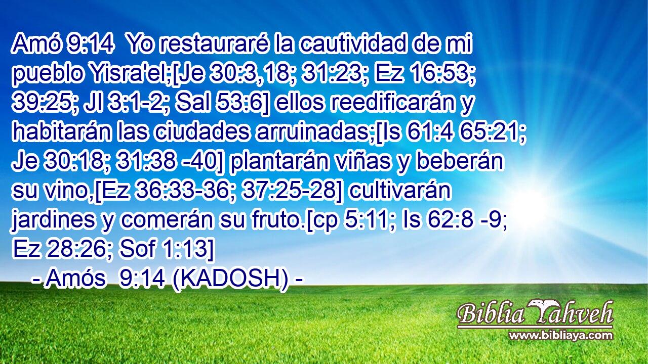  Yo restauraré la cautividad de mi pueblo Yisra'el;[Je 30:3,18; 31:23; Ez 16:53; 39:25; Jl 3:1-2; Sal 53:6] ellos reedificarán y habitarán las ciudades arruinadas;[Is 61:4 65:21; Je 30:18; 31:38 -40] plantarán viñas y beberán su vino,[Ez 36:33-36; 37:25-28] cultivarán jardines y comerán su fruto.[cp 5:11; Is 62:8 -9; Ez 28:26; Sof 1:13] 