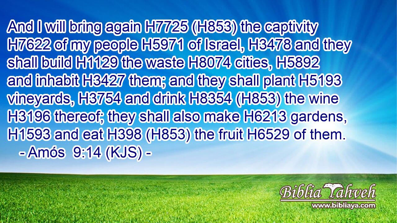 And I will bring again H7725 (H853) the captivity H7622 of my people H5971 of Israel, H3478 and they shall build H1129 the waste H8074 cities, H5892 and inhabit H3427 them; and they shall plant H5193 vineyards, H3754 and drink H8354 (H853) the wine H3196 thereof; they shall also make H6213 gardens, H1593 and eat H398 (H853) the fruit H6529 of them.