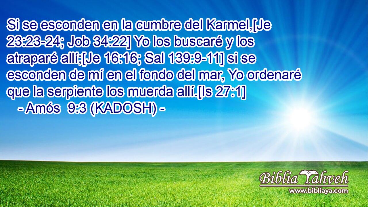  Si se esconden en la cumbre del Karmel,[Je 23:23-24; Job 34:22] Yo los buscaré y los atraparé allí;[Je 16:16; Sal 139:9-11] si se esconden de mí en el fondo del mar, Yo ordenaré que la serpiente los muerda allí.[Is 27:1] 