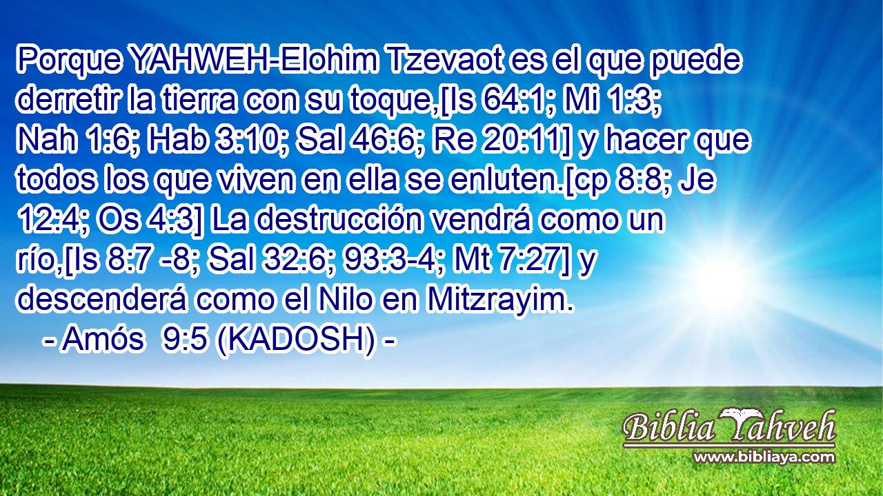  Porque YAHWEH-Elohim Tzevaot es el que puede derretir la tierra con su toque,[Is 64:1; Mi 1:3; Nah 1:6; Hab 3:10; Sal 46:6; Re 20:11] y hacer que todos los que viven en ella se enluten.[cp 8:8; Je 12:4; Os 4:3] La destrucción vendrá como un río,[Is 8:7 -8; Sal 32:6; 93:3-4; Mt 7:27] y descenderá como el Nilo en Mitzrayim. 