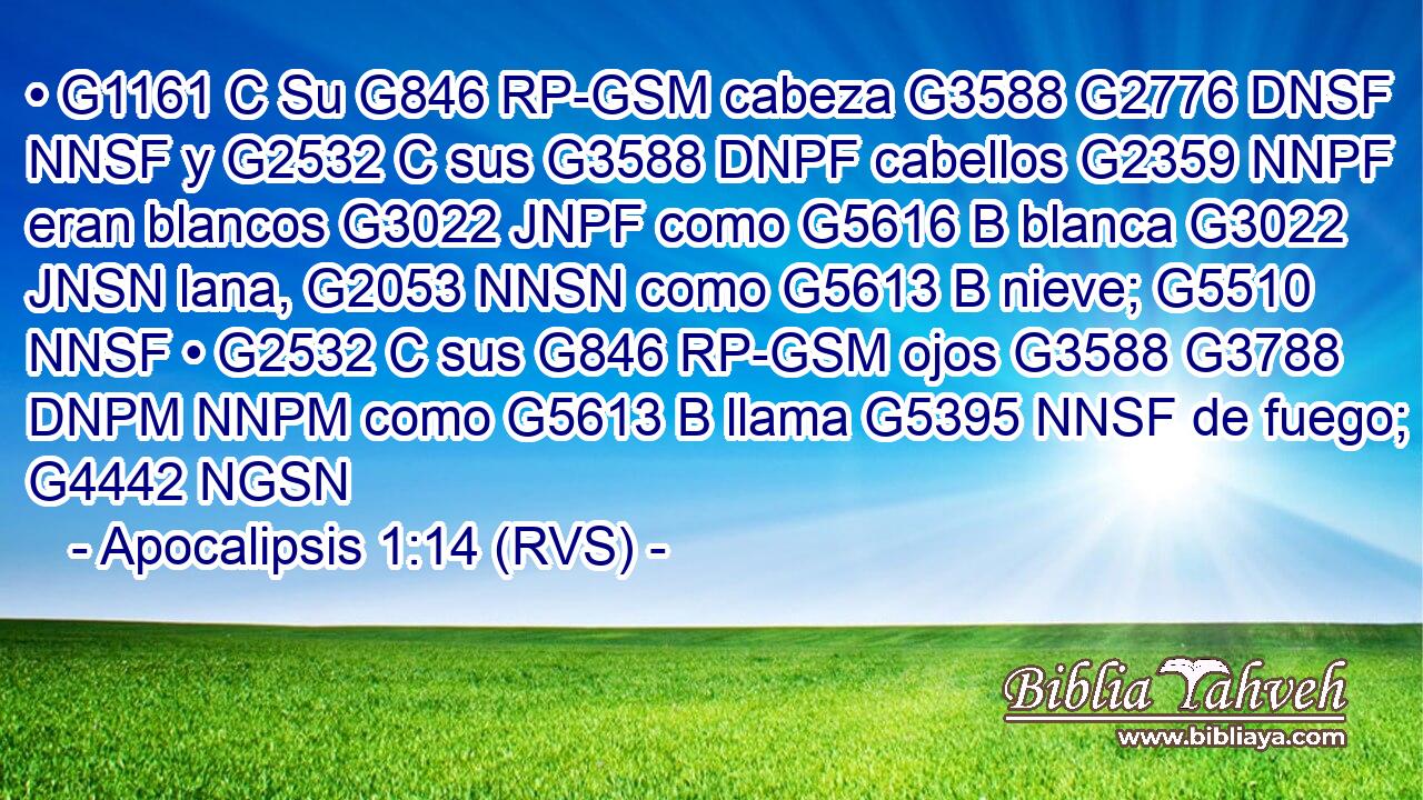 • G1161 C Su G846 RP-GSM cabeza G3588 G2776 DNSF NNSF y G2532 C sus G3588 DNPF cabellos G2359 NNPF eran blancos G3022 JNPF como G5616 B blanca G3022 JNSN lana, G2053 NNSN como G5613 B nieve; G5510 NNSF • G2532 C sus G846 RP-GSM ojos G3588 G3788 DNPM NNPM como G5613 B llama G5395 NNSF de fuego; G4442 NGSN 