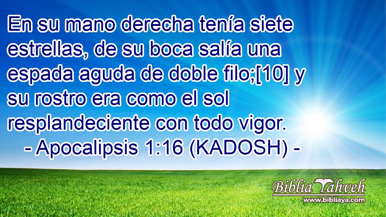 En su mano derecha tenía siete estrellas, de su boca salía una espada aguda de doble filo;[10] y su rostro era como el sol resplandeciente con todo vigor. 