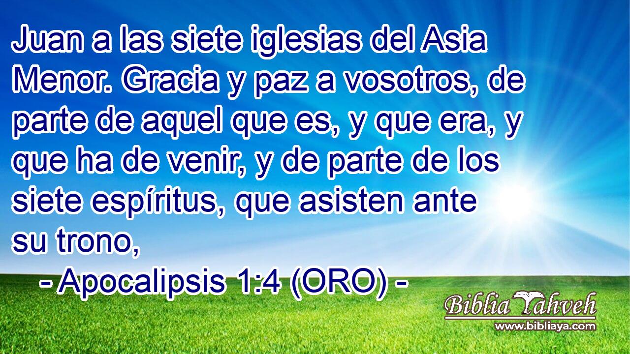  Juan a las siete iglesias del Asia Menor. Gracia y paz a vosotros, de parte de aquel que es, y que era, y que ha de venir, y de parte de los siete espíritus, que asisten ante su trono, 