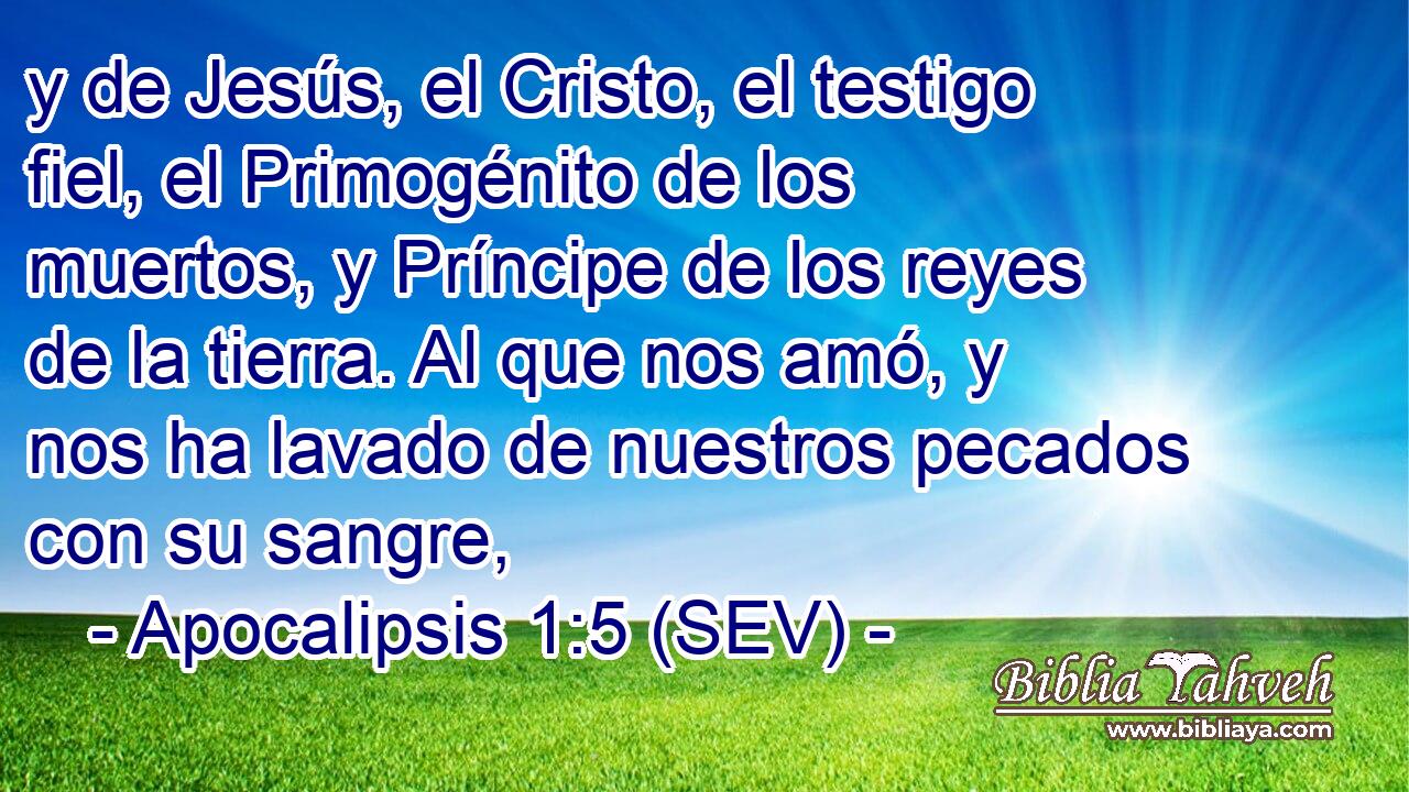 y de Jesús, el Cristo, el testigo fiel, el Primogénito de los muertos, y Príncipe de los reyes de la tierra. Al que nos amó, y nos ha lavado de nuestros pecados con su sangre,