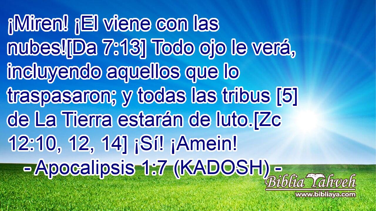  ¡Miren! ¡El viene con las nubes![Da 7:13] Todo ojo le verá, incluyendo aquellos que lo traspasaron; y todas las tribus [5] de La Tierra estarán de luto.[Zc 12:10, 12, 14] ¡Sí! ¡Amein! 