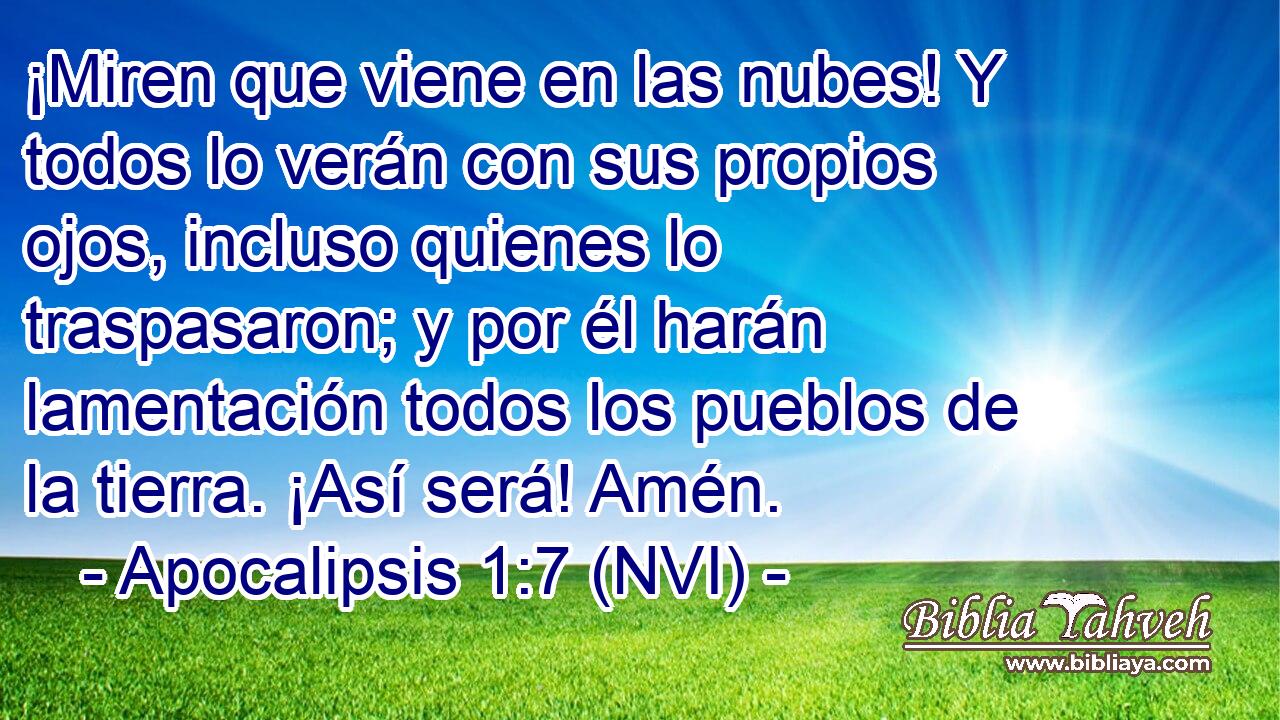  ¡Miren que viene en las nubes! Y todos lo verán con sus propios ojos, incluso quienes lo traspasaron; y por él harán lamentación todos los pueblos de la tierra. ¡Así será! Amén. 