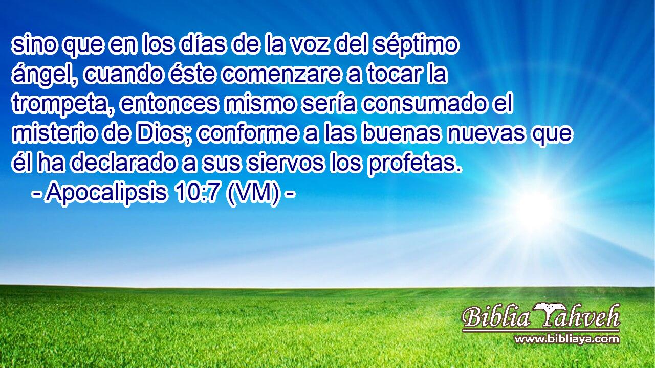  sino que en los días de la voz del séptimo ángel, cuando éste comenzare a tocar la trompeta, entonces mismo sería consumado el misterio de Dios; conforme a las buenas nuevas que él ha declarado a sus siervos los profetas. 