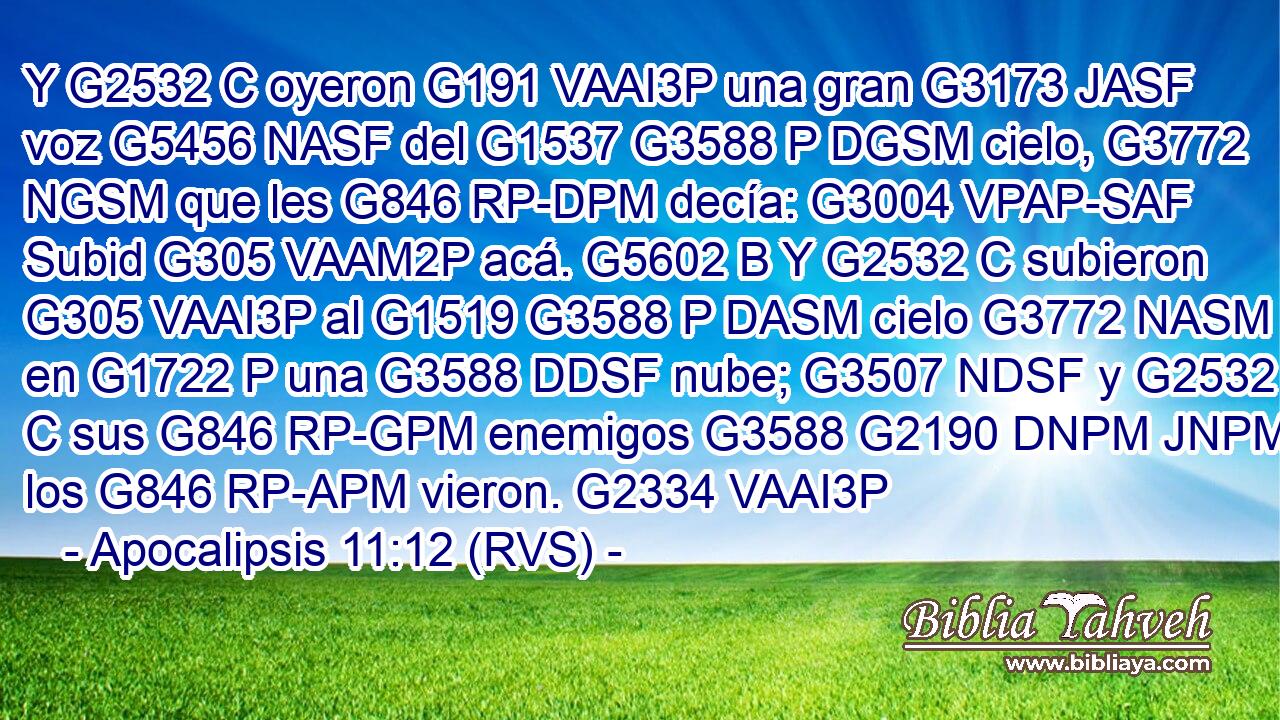 Y G2532 C oyeron G191 VAAI3P una gran G3173 JASF voz G5456 NASF del G1537 G3588 P DGSM cielo, G3772 NGSM que les G846 RP-DPM decía: G3004 VPAP-SAF Subid G305 VAAM2P acá. G5602 B Y G2532 C subieron G305 VAAI3P al G1519 G3588 P DASM cielo G3772 NASM en G1722 P una G3588 DDSF nube; G3507 NDSF y G2532 C sus G846 RP-GPM enemigos G3588 G2190 DNPM JNPM los G846 RP-APM vieron. G2334 VAAI3P 