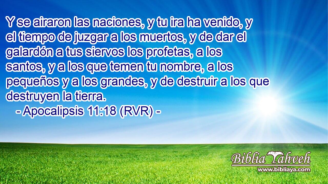 Y se airaron las naciones, y tu ira ha venido, y el tiempo de juzgar a los muertos, y de dar el galardón a tus siervos los profetas, a los santos, y a los que temen tu nombre, a los pequeños y a los grandes, y de destruir a los que destruyen la tierra.