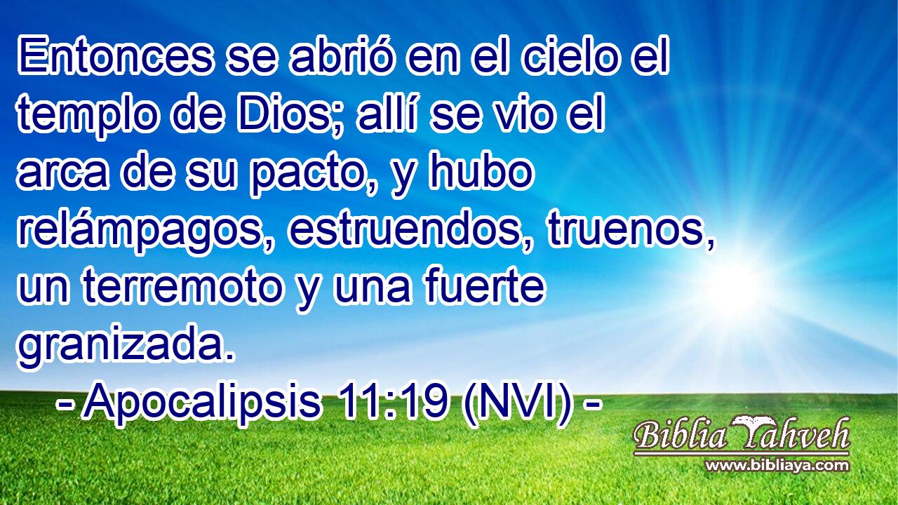  Entonces se abrió en el cielo el templo de Dios; allí se vio el arca de su pacto, y hubo relámpagos, estruendos, truenos, un terremoto y una fuerte granizada. 