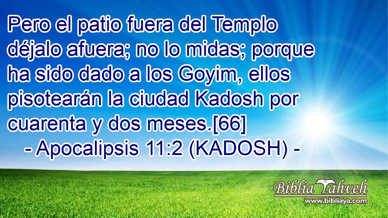  Pero el patio fuera del Templo déjalo afuera; no lo midas; porque ha sido dado a los Goyim, ellos pisotearán la ciudad Kadosh por cuarenta y dos meses.[66] 