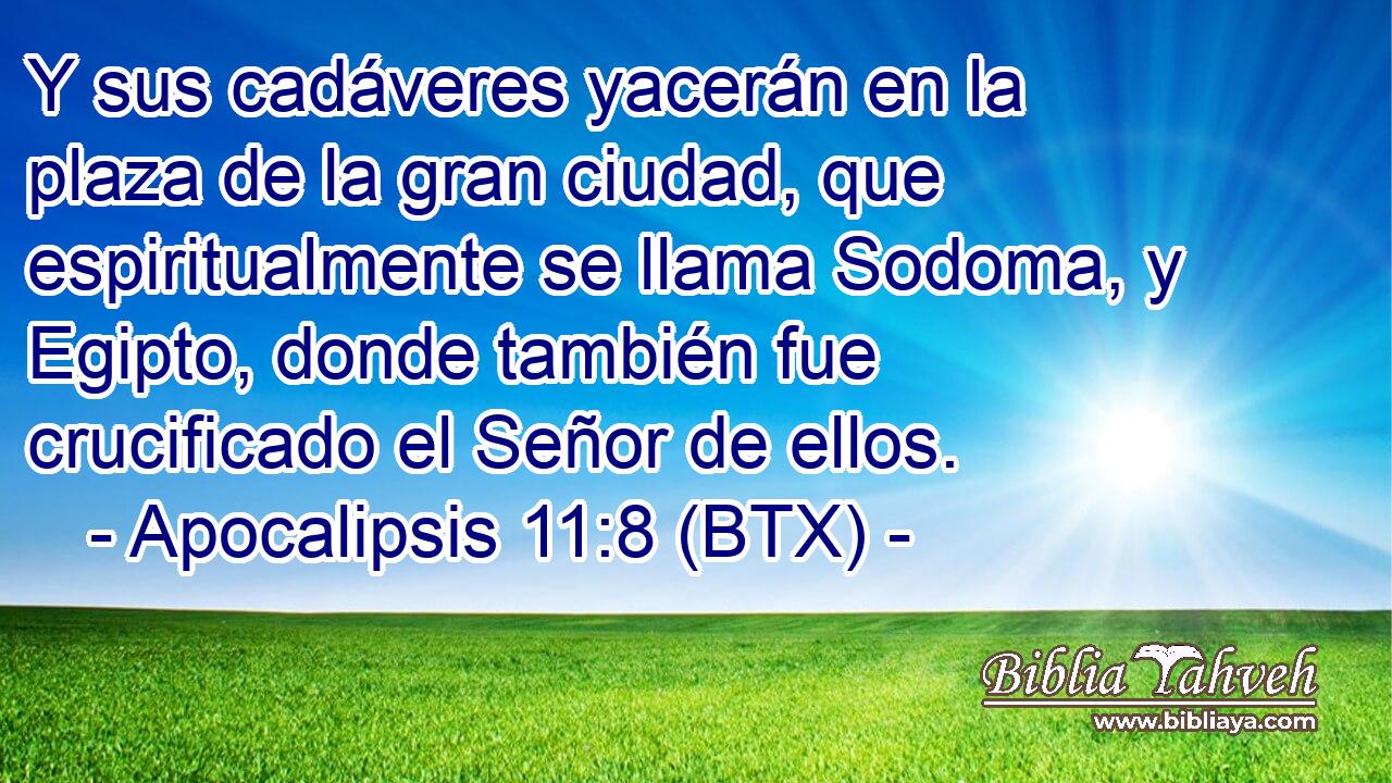 Y sus cadáveres yacerán en la plaza de la gran ciudad, que espiritualmente se llama Sodoma, y Egipto, donde también fue crucificado el Señor de ellos.