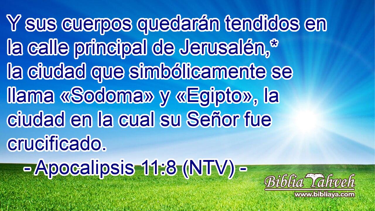 Y sus cuerpos quedarán tendidos en la calle principal de Jerusalén,* la ciudad que simbólicamente se llama «Sodoma» y «Egipto», la ciudad en la cual su Señor fue crucificado.