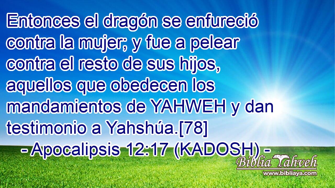  Entonces el dragón se enfureció contra la mujer; y fue a pelear contra el resto de sus hijos, aquellos que obedecen los mandamientos de YAHWEH y dan testimonio a Yahshúa.[78] 
