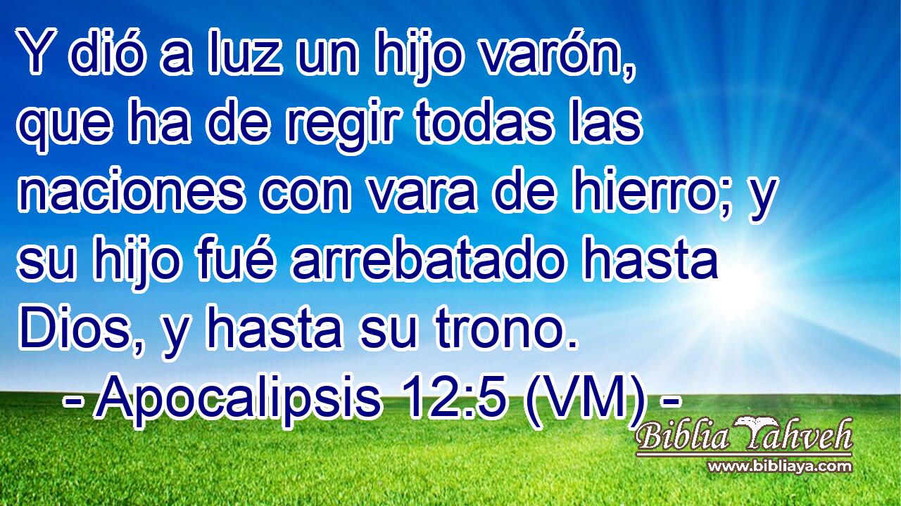  Y dió a luz un hijo varón, que ha de regir todas las naciones con vara de hierro; y su hijo fué arrebatado hasta Dios, y hasta su trono. 