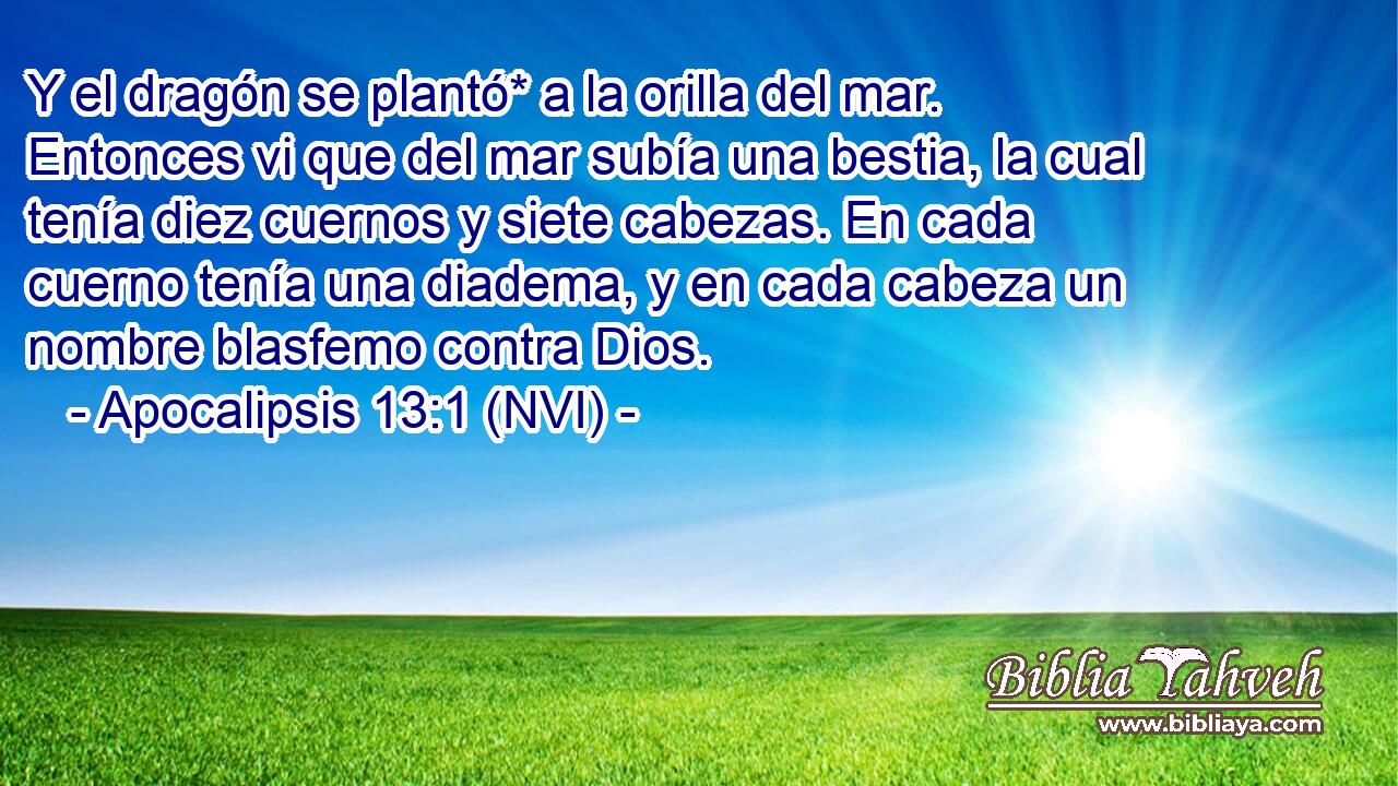  Y el dragón se plantó* a la orilla del mar. Entonces vi que del mar subía una bestia, la cual tenía diez cuernos y siete cabezas. En cada cuerno tenía una diadema, y en cada cabeza un nombre blasfemo contra Dios. 