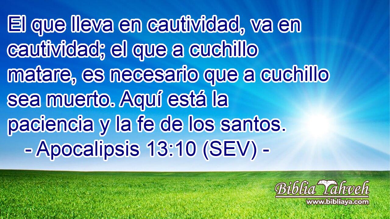 El que lleva en cautividad, va en cautividad; el que a cuchillo matare, es necesario que a cuchillo sea muerto. Aquí está la paciencia y la fe de los santos.