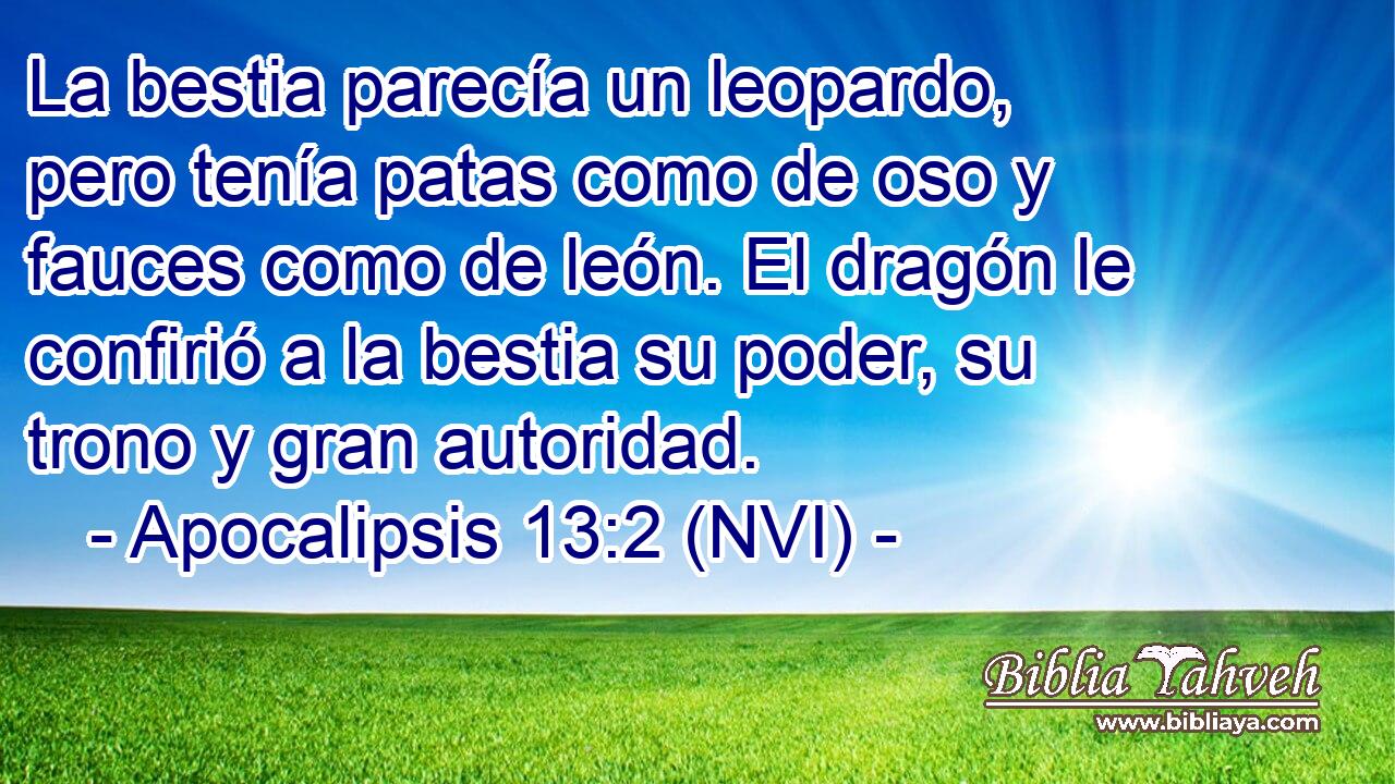  La bestia parecía un leopardo, pero tenía patas como de oso y fauces como de león. El dragón le confirió a la bestia su poder, su trono y gran autoridad. 