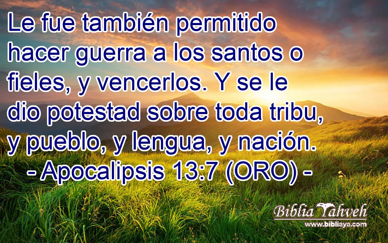  Le fue también permitido hacer guerra a los santos o fieles, y vencerlos. Y se le dio potestad sobre toda tribu, y pueblo, y lengua, y nación. 