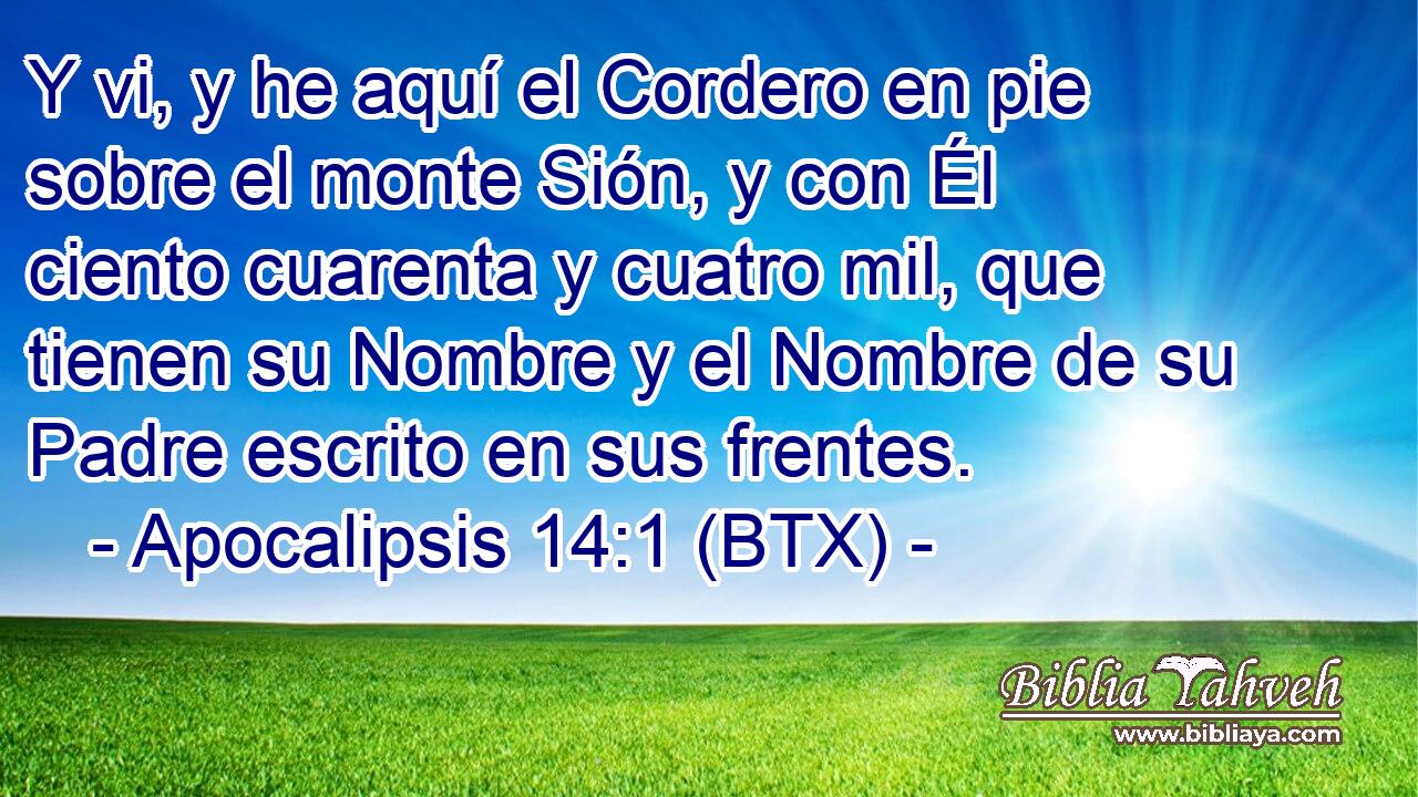 Y vi, y he aquí el Cordero en pie sobre el monte Sión, y con Él ciento cuarenta y cuatro mil, que tienen su Nombre y el Nombre de su Padre escrito en sus frentes.