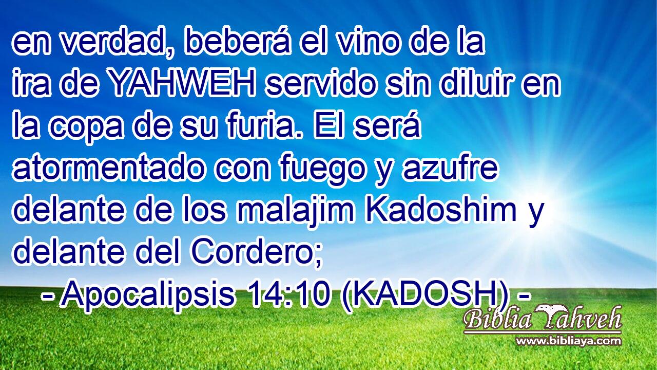  en verdad, beberá el vino de la ira de YAHWEH servido sin diluir en la copa de su furia. El será atormentado con fuego y azufre delante de los malajim Kadoshim y delante del Cordero; 
