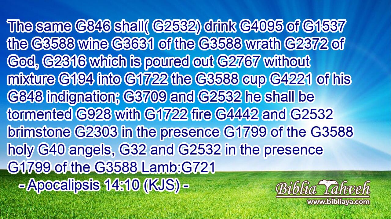 The same G846 shall( G2532) drink G4095 of G1537 the G3588 wine G3631 of the G3588 wrath G2372 of God, G2316 which is poured out G2767 without mixture G194 into G1722 the G3588 cup G4221 of his G848 indignation; G3709 and G2532 he shall be tormented G928 with G1722 fire G4442 and G2532 brimstone G2303 in the presence G1799 of the G3588 holy G40 angels, G32 and G2532 in the presence G1799 of the G3588 Lamb:G721