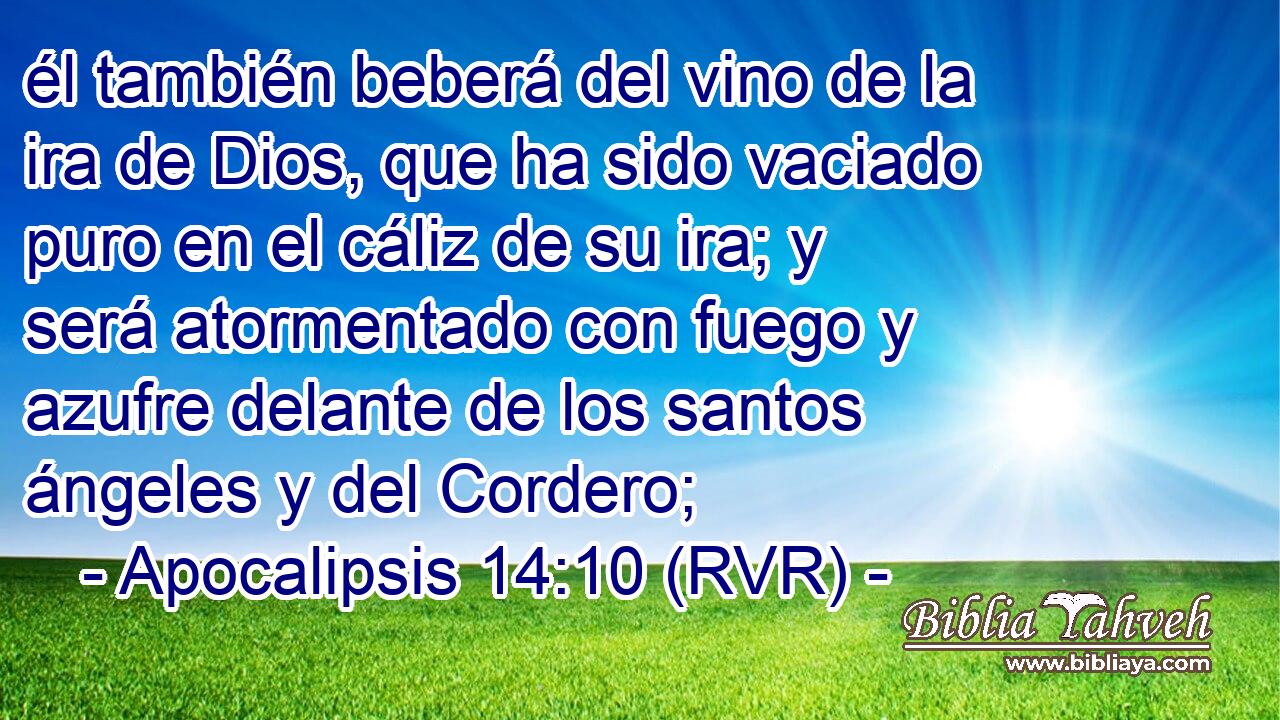 él también beberá del vino de la ira de Dios, que ha sido vaciado puro en el cáliz de su ira; y será atormentado con fuego y azufre delante de los santos ángeles y del Cordero;